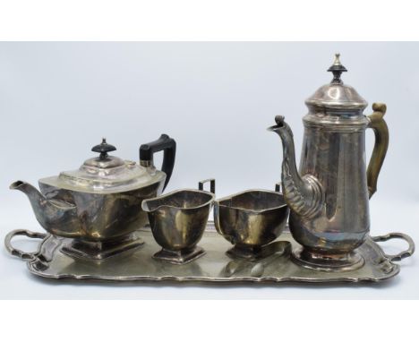 A silver-plated 6 piece tea set to include a teapot, coffee pot, sugar tongs, milk, sugar and tray (6). In good condition tho