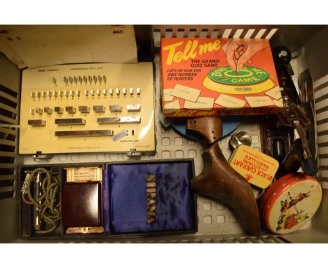 An interesting collection of items to include tools such as a micrometre, gauges, advertising tins, camera equipment, pipe ra