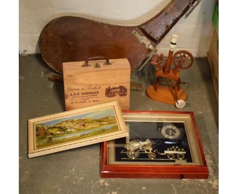 A mixed collection of items to include a novelty table lamp, a framed painting, a wooden wine box and a wooden boat rudder (Q