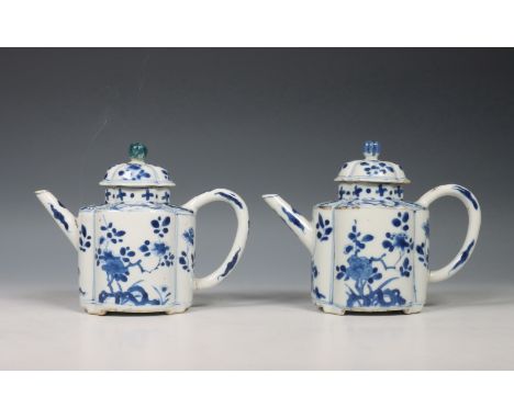 China, paar blauw-wit porseleinen theepotten en deksels, Kangxi periode (1662-1722), de gelobde zijden beschilderd met bloeme