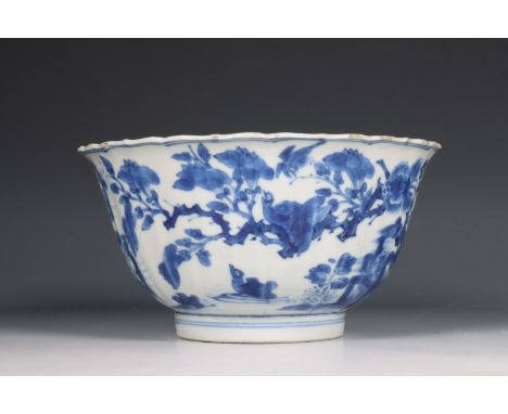 China, blauw-wit porseleinen kom, Kangxi periode (1662-1722), de geribde zijden gedecoreerd met een feniks en verschillende s