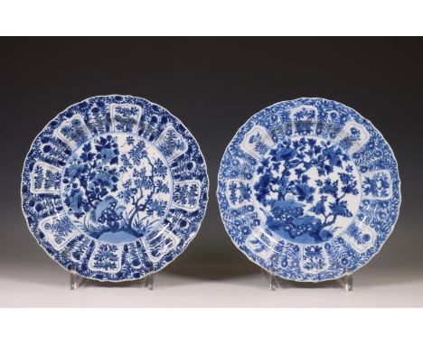 China, paar blauw-wit porseleinen borden, Kangxi periode (1662-1722) of later, gedecoreerd met bloesem in een rotstuin omgeve