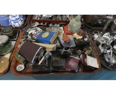 A Tray of Curios to Include Pen Knives, Opera Glasses, Hip Flask, Boxes, Seated Buddha, Festival of Britain Medal etc 