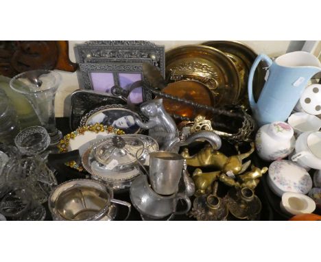 A Tray of Metalwares to Include Wall Plaques, Photoframes, Teaservice, Squirrel Nutcracker, Brass Animal and Bird Ornaments 