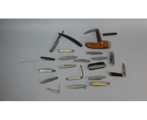 A Collection of Approximately 14 Vintage Pen Knives and a Cut Throat Razor 