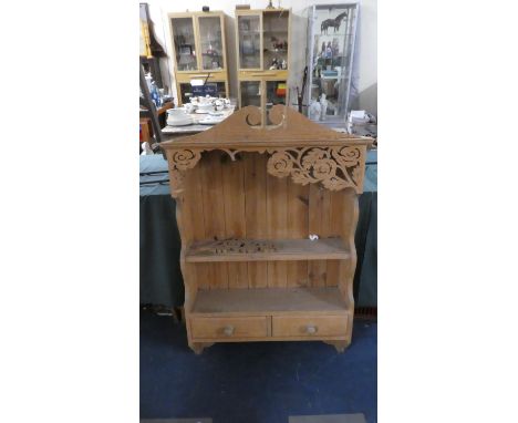 A Wall Hanging Pine Shelf Unit with Two Base Drawers, 72cm Wide 