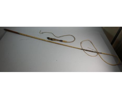 A Small Hunting Crop Formed from a Deer Hoof Together with a Long Handled Lunging or Driving Whip 