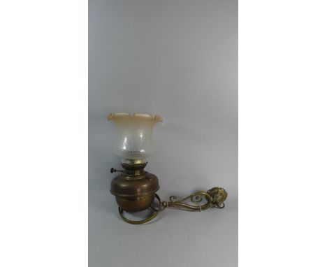 A Victorian Copper Oil Lamp on Brass Hinged Wall Bracket with Etched Shade, Converted to Electricity, 41cm Long 