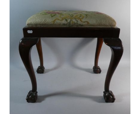 An Edwardian Mahogany Framed Tapestry Topped Stool with Cabriole Legs and Claw and Ball Feet, 53cm Wide 