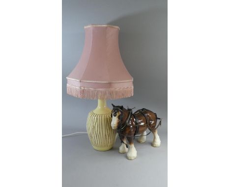 A Ceramic Shire Horse in Harness Together with a Table Lamp and Shade 