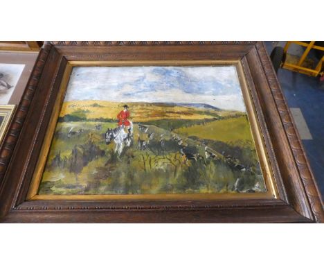An Oak Framed Oil on Canvas Depicting Hunting Scene, 49cm x 39cm 
