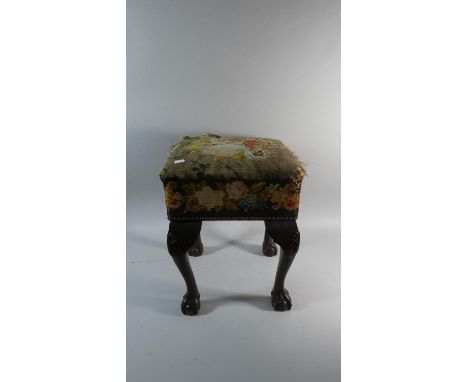 A 19th Century Square Topped Stool on Mahogany Cabriole Legs with Claw and Ball Feet, Tapestry Top Badly Worn, 34cm Square 