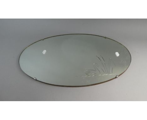A Vintage Oval Wall Mirror with Etched Swan Decoration, 62cm Wide 