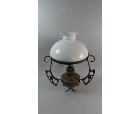 An Art Nouveau Oil Lamp Stand with Copper Lamp and Opaque Glass Shade. 52cm High 