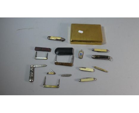 A Gilt Metal Cigarette Box Containing Twelve Vintage Pen and Fruit Knives 