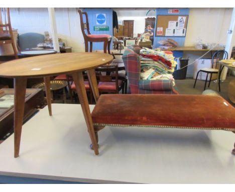 UPHOLSTERED FOOT STOOL WITH CABRIOLE LEGS, LENGTH APPROX 82CM, TOGETHER WITH A SMALL CIRCULAR OCCASIONAL TABLE