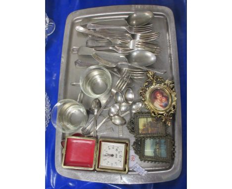 GROUP OF PLATED WARES AND TRAVELLING ALARM CLOCK