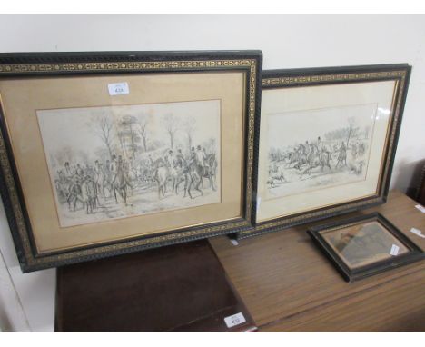 TWO FRAMED HUNTING PRINTS AFTER STURGESS WIDTH OF EACH INCLUDING FRAME APPROX 55CM TOGETHER WITH A SMALL FRAMED COLOURED ENGR
