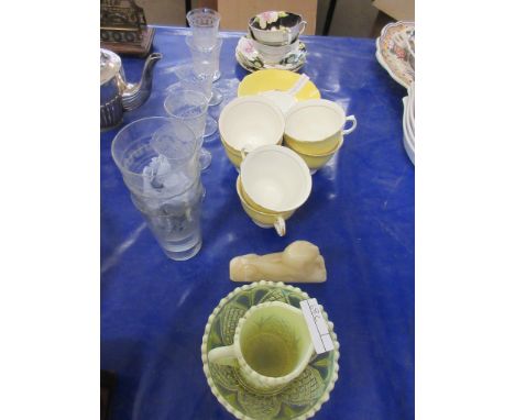 QUANTITY OF CERAMICS AND GLASS WARE INCLUDING COLCLOUGH CUPS AND SAUCERS, INSCRIBED DECORATED GLASS WARE ETC