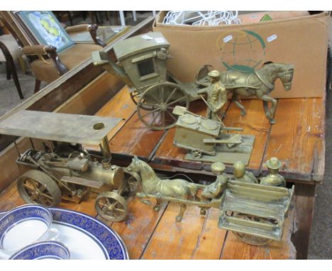 LARGE BRASS MODEL OF A RICKSHAW AND A STEAM ENGINE