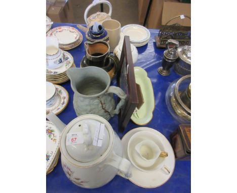 QUANTITY OF VARIOUS DECORATIVE CHINA INCLUDING TEA POTS, ROYAL DOULTON SILVER RIMMED STONEWARE HUNTING JUG ETC