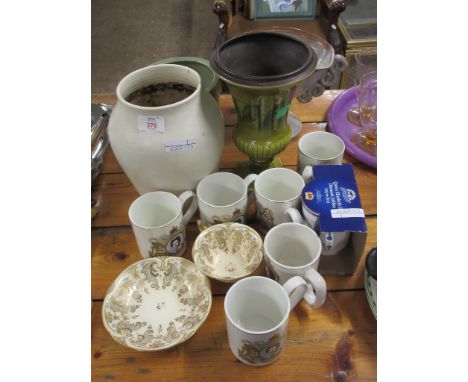 QUANTITY OF CHINA INCLUDING STUDIO POTTERY VASES, A HONITON CAMPANA TYPE VASE AND VARIOUS MUGS