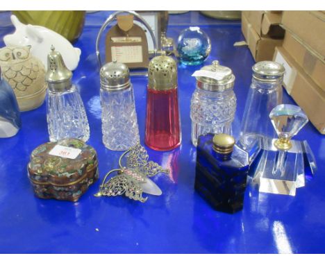 GROUP OF SUGAR SIFTERS WITH PLATED WHITE METAL TOPS AND An ART DECO STYLE PERFUME FLASK AND A CLOISONNE BOX AND COVER