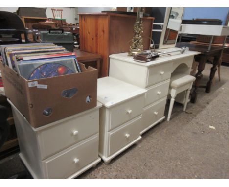 PAINTED EFFECT BEDROOM SUITE COMPRISING PAIR OF BEDSIDE CABINETS, DRESSING TABLE, MIRROR AND STOOL