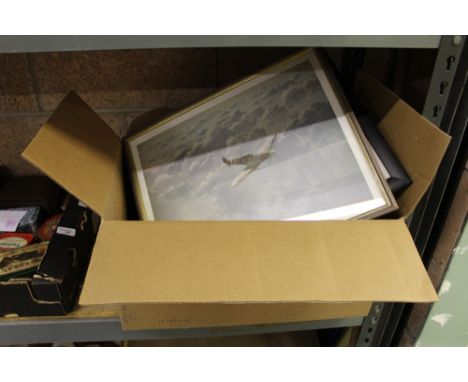 Box including Royal Worcester Evesham, RAF Prints etc
