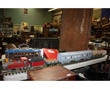 An LKI gauge LSWR train engine, a coal wagon, an LSWR wagon, a G148 LMS period II coach, a crocodile "H" low loader with larg