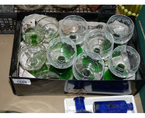A '50's Set of Six Green Beehive Stemmed Romer Glasses T/W a Set of Four Edwn. Green Stemmed Port Glasses.
