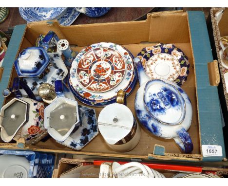 A quantity of china including blue and gilt teapot and stand, Argyle teapot and stand, Pekin sugar sifter, blue and gold jug 