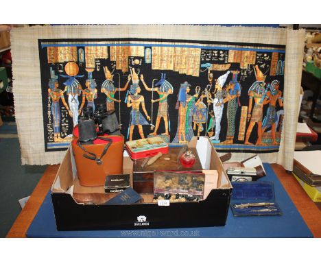 A quantity of miscellanea including an Ilford camera, compasses, wooden chess pieces, perfume, wooden writing box with MOP in