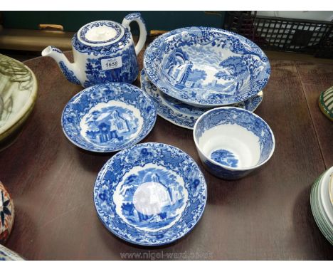 A George Jones & Sons 'Abbey' 1790 blue and white Teapot, an Abbey sugar bowl and two matching cereal bowls, (one a/f), plus 