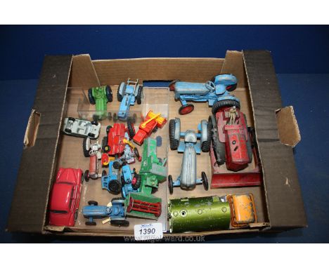 A quantity of die cast vehicles to include crescent toy tractor, Dinky Supertoys Blaw Know bulldozer, Matchbox, Dink Johnston