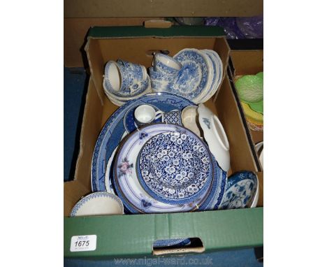 A quantity of blue and white china including willow pattern meat plates and bowls, seaforth cup, saucers, side plates etc.