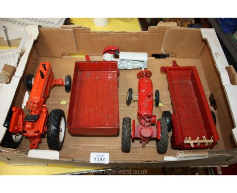 An Allis Chalmers D19 die cast tractor, a Massey Harris 747 D tractor, ERTL trailer USA, International muck spreader USA and 