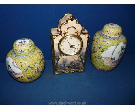 A limited edition Bradford Exchange 'Lamp light Lane' china clock together with two yellow highly decorated Chinese ginger ja
