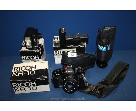 A Ricoh KR-1- 35mm SLR Camera with Rikenon 50mm f/2 Lens, ever ready case, XR Winder 1, XR Speedlite 240 Flashgun, Hanimex 80