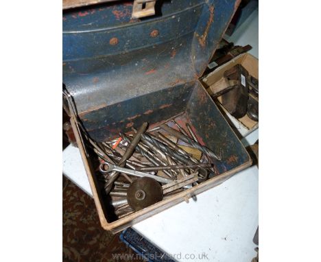 A miniature tin trunk containing a good quantity of taper driven drill bits and others, a callipers, a reamer, etc; and an oi