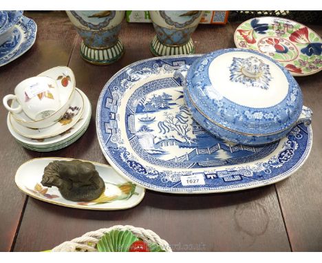 A blue and white willow pattern meat plate, lidded vegetable dish, a Royal Worcester 'Evesham' pattern cup, saucer, corn on c