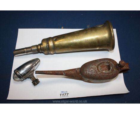 A Brass ''King of the road'' car horn (no rubber bulb), a chrome torpedo side light and a vintage oil can