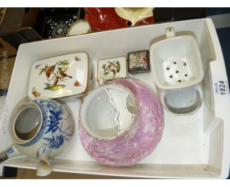 A Herend china lidded box, a matchbox holder, moustache cup and saucer, etc.