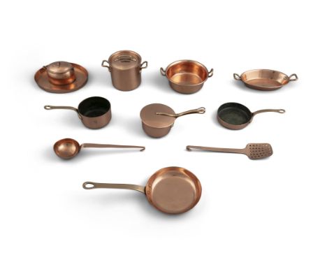 A SALEMAN'S COLLECTION OF VICTORIAN MINIATURE COPPER KITCHENWARE, comprising a two-handled preserve pan. 10cm diameter; a two