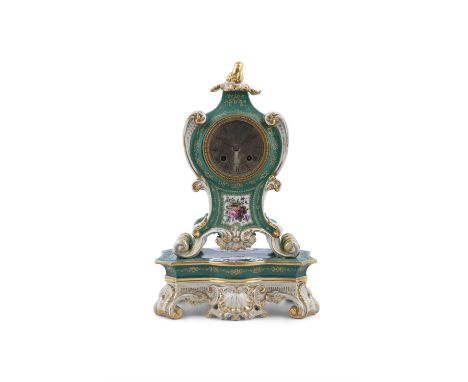 A 19TH CENTURY ROCOCO REVIVAL FRENCH PORCELAIN MANTEL CLOCK ON STAND, with gilded pagoda finial and green ground with gilt fo