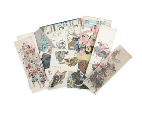 JAPANESE SCHOOL, KUNISADA (19TH CENTURY) Wrestlers  Handcoloured woodblock, 37.5 x 25cm Two leaf joined; together with anothe