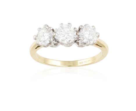 A DIAMOND THREE-STONE RING, composed of three brilliant-cut diamonds within claw-setting, mounted in 18K gold, diamonds appro