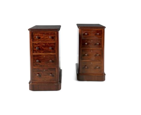 A PAIR OF VICTORIAN MAHOGANY BEDSIDE CHESTS, each of rectangular form, with moulded tops and four graduated drawers fitted wi