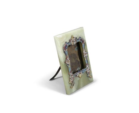 AN ONYX AND CHAMPLEVE ENAMEL PHOTORGRAPH FRAME, with easel back support, 27 x 17cm 