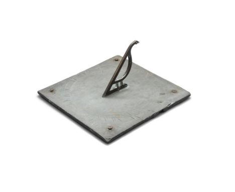 AN IRISH 19TH CENTURY ENGRAVED SLATE SUNDIAL, of square form, with bronze gnomon, engraved with sunburst design within a band